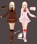  1girl blonde_hair blue_eyes boots breasts brown_dress brown_gloves cake cake_slice closed_mouth cup double_arbre dress fingerless_gloves food fork full_body gloves grey_background highres hime_cut lili_(tekken) long_hair long_sleeves medium_breasts plate simple_background skirt spoon tea teacup tekken tekken_5 white_dress white_gloves 