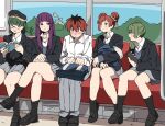  1boy 4girls bag blazer book brown_hair cellphone character_name contemporary crossed_legs double_bun fern_(sousou_no_frieren) glasses green_hair hair_bun holding holding_book jacket lawine_(sousou_no_frieren) long_sleeves multiple_girls perutore phone pleated_skirt purple_hair red_hair school_uniform side_ponytail sitting skirt smartphone sousou_no_frieren stark_(sousou_no_frieren) train_interior ubel_(sousou_no_frieren) 