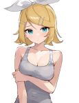  1girl :/ alternate_breast_size arm_under_breasts bare_shoulders blonde_hair blue_eyes blush bow breasts cleavage closed_mouth collarbone dot_nose flipped_hair grey_shirt hair_bow hair_ornament hairclip highres holding_own_arm kagamine_rin looking_at_viewer medium_breasts medium_hair rakugaki_ningen revision shirt simple_background sleeveless sleeveless_shirt solo straight_hair swept_bangs upper_body vocaloid white_background white_bow 
