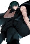  1girl absurdres burn_scar glasses green_hair highres holding jacket jujutsu_kaisen masoq multiple_scars muscular muscular_female pants round_eyewear scar scar_on_arm scar_on_face scars_all_over short_hair simple_background too_many too_many_scars zen&#039;in_maki 