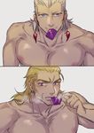  blonde_hair blue_eyes condom condom_in_mouth grey_hair hol_horse jean_pierre_polnareff jojo_no_kimyou_na_bouken manle mouth_hold multiple_boys purple_eyes shirtless 