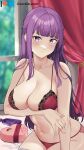  1girl :t bare_arms bare_shoulders bottle box bra breasts cleavage commentary curtains damobelmont fern_(sousou_no_frieren) heart-shaped_box highres large_breasts long_hair looking_at_viewer navel panties purple_eyes purple_hair red_bra red_panties sitting solo sousou_no_frieren stark_(sousou_no_frieren) stomach underwear very_long_hair 