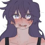  1girl blood blood_from_mouth blush colored_eyelashes crying crying_with_eyes_open grey_eyes long_hair looking_at_viewer original parted_lips purple_hair rata_(norahasu) simple_background solo sweat tears upper_body white_background 