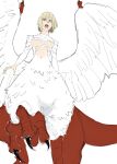 1girl blonde_hair breasts chimera dungeon_meshi falin_touden falin_touden_(chimera) feathered_wings highres large_breasts looking_at_viewer monster_girl navel nyamo open_mouth short_hair shouting simple_background slit_pupils solo white_background wings yellow_eyes 