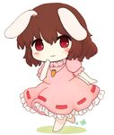 :3 animal_ears barefoot blush brown_hair bunny_ears carrot_necklace chibi dress full_body inaba_tewi jewelry pendant pink_dress rei_(tonbo0430) short_hair short_sleeves simple_background solo touhou white_background 
