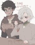  2boys bishounen black_eyes black_hair blue_eyes bowl dark-skinned_male dark_skin dungeon_meshi elf highres holding holding_spoon kabru male_focus mara_universe mithrun multiple_boys open_mouth pointy_ears short_hair simple_background spoon sweat white_background white_hair 