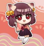  1girl :3 ahoge animal_ears bell bow brown_hair brown_skirt cat_ears cat_girl chibi commentary_request frilled_sleeves frills full_body hair_bell hair_ornament hair_ribbon hirahude ichihime japanese_clothes jingle_bell kimono long_sleeves looking_at_viewer mahjong_soul medium_bangs obi open_mouth outline outstretched_arms pink_background pink_kimono red_bow red_eyes red_ribbon red_sash ribbon sash short_hair skirt solo spread_arms thighhighs v-shaped_eyebrows waist_bow white_outline white_thighhighs wide_sleeves 