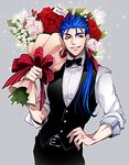  blue_hair bouquet earrings fate/hollow_ataraxia fate/stay_night fate_(series) flower hand_on_hip jewelry lancer long_hair male_focus mayuki_(ubiquitous) ponytail red_eyes solo vest waistcoat 