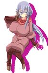  1girl breasts dragon_yukano huge_breasts long_hair ninja_slayer scarf simple_background smile solo 