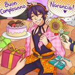  artist_name belt birthday_cake blanket box cake character_name chocolate couch daisy eyes_closed flower food fruit gift gift_box grin halftone hand_on_another&#039;s_head hand_on_another's_head hands_on_another&#039;s_shoulders hands_on_another's_shoulders happy_birthday headband highres holding holding_gift italian jojo_no_kimyou_na_bouken lolitaii long_sleeves nail_polish narancia_ghirga pants pink_nails purple_hair red_rose rose signature sitting sleeveless smile solo_focus strawberry sunflower unmoving_pattern wrist_cuffs 