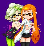  2girls alternate_costume bad_id bad_pixiv_id black_legwear blush breasts detached_collar domino_mask dress earrings eyebrows flat_chest gloves green_hair green_legwear hands_on_shoulders hotaru_(splatoon) inkling jewelry long_hair mask miniskirt mole mole_under_eye multiple_girls orange_eyes orange_hair pantyhose pleated_skirt pointy_ears purple_background school_uniform short_hair short_hair_with_long_locks sidelocks skirt splatoon_(series) splatoon_1 strapless strapless_dress tentacles thick_eyebrows thighhighs white_gloves yuri yuta_agc 