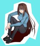  1girl aozaki_aoko black_pants blue_eyes breasts brown_hair hair_intakes highres hirakawa holding_own_wrist long_hair mahou_tsukai_no_yoru pants ribbed_sweater sitting smile sweater 