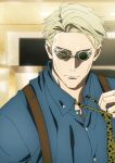  1boy animal_print blonde_hair blue_shirt collared_shirt goggles highres indoors jujutsu_kaisen koiso_sayaka leopard_print looking_at_viewer male_focus nanami_kento necktie official_art shirt short_hair solo suspenders upper_body yellow_necktie 