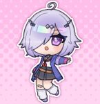  +_+ 1girl :o ahoge bandaid bandaid_on_knee bandaid_on_leg belt black_sailor_collar black_skirt brown_belt cardigan commentary_request flat_chest full_body hair_between_eyes hair_over_one_eye hirahude iridescent long_bangs long_sleeves looking_at_viewer mahjong_soul neckerchief open_cardigan open_clothes open_mouth pink_background purple_eyes purple_footwear purple_hair purple_sweater red_neckerchief sailor_collar school_uniform serafuku shirt shoes short_hair skirt socks solo suzumiya_anju sweater white_shirt white_socks 