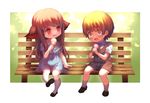 1girl :3 :d :p animal_ears arm_support bench blonde_hair blush brown_eyes brown_hair chibi child dress food happy ice_cream ice_cream_cone loafers necktie nishizawa open_mouth original red_eyes shoes short_sleeves shorts sitting smile socks tears tongue tongue_out vest 