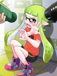  against_wall at_gunpoint bike_shorts covering_face crying crying_with_eyes_open ctrl-z domino_mask eyebrows fangs flat_chest full_body green_hair gun_to_head hands_up highres inkling long_hair mask orange_eyes pointy_ears shirt shoes short_hair_with_long_locks sidelocks sneakers splatoon_(series) splatoon_1 super_soaker t-shirt tears tentacle_hair 
