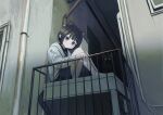  1girl animal animal_ears balcony black_cat black_eyes black_hair cat cat_ears cat_girl cat_tail highres knees_up long_sleeves looking_at_viewer original outdoors railing sakiika0513 short_hair sitting skirt solo tail 