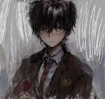  1boy black_hair brown_jacket character_request closed_mouth collared_jacket collared_shirt commentary_request copyright_request grey_background highres jacket jiz_(pffbq) looking_at_viewer male_focus necktie purple_eyes shirt short_hair smile solo upper_body 