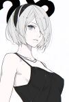  1girl 2b_(nier:automata) alternate_costume armpit_crease bare_shoulders black_camisole black_hairband blue_eyes bob_cut breasts camisole character_name commentary_request d.k hair_over_one_eye hairband jewelry lips medium_breasts mole mole_under_mouth necklace nier:automata nier_(series) one_eye_closed short_hair simple_background solo spot_color white_background white_hair 