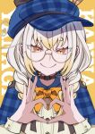  1girl blonde_hair blue_cape blue_hat bow bowtie brown_choker cape character_name choker closed_mouth ella_eves eyelashes glasses gradient_hair grey_hair hat heart heart_hands highres kanna_yanagi multicolored_hair orange_bow orange_bowtie orange_nails pixellink plaid_capelet plaid_headwear semi-rimless_eyewear short_eyebrows smile solo virtual_youtuber yellow_background yellow_eyes 