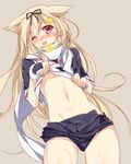  blonde_hair blush breasts dutch_angle fingerless_gloves gloves grey_background hair_flaps hair_ornament hair_ribbon hairclip highres kantai_collection long_hair looking_at_viewer mtu_(orewamuzituda) navel one_eye_closed open_mouth red_eyes remodel_(kantai_collection) ribbon school_uniform serafuku shirt_lift simple_background skirt small_breasts solo straight_hair suggestive_fluid yuudachi_(kantai_collection) 