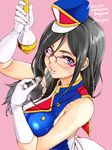  band_uniform black_hair blue_eyes blush breasts glasses gloves hat hibike!_euphonium large_breasts long_hair looking_at_viewer over-rim_eyewear ozawa_reido red-framed_eyewear saliva saliva_trail school_uniform semi-rimless_eyewear sexually_suggestive sleeveless smile solo tanaka_asuka whistle white_gloves 