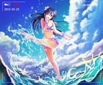  barefoot bikini blue_hair frilled_bikini frills highres long_hair love_live! love_live!_school_idol_project midriff natsuiro_egao_de_1_2_jump! navel off_shoulder open_mouth smile solo sonoda_umi strap_slip swimsuit ushas viewfinder water yellow_eyes 