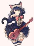  ;) animal_ears bell black_hair blush bow cat_ears cat_tail curly_hair cyan_(show_by_rock!!) dress guitar hairband heart_guitar highres instrument jingle_bell junwool lolita_hairband looking_at_viewer one_eye_closed paw_pose revision show_by_rock!! simple_background smile solo strawberry_heart striped striped_legwear tail thighhighs white_background 