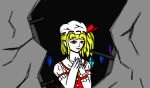  1girl ascot blonde_hair bow crystal flandre_scarlet hat hat_ribbon looking_at_viewer mob_cap multicolored_wings puffy_sleeves red_bow red_eyes red_vest ribbon serenade_(gray) shirt short_hair smile solo touhou vest wings yellow_ascot 