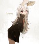  1girl animal_ears artist_name bad_id bad_pixiv_id black_coat closed_mouth coat english_text leaning long_hair looking_at_viewer original qtonagi rabbit_ears red_eyes simple_background solo standing white_hair 