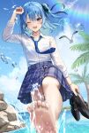  1girl absurdres alternate_costume bare_shoulders barefoot bikini bikini_under_clothes bird black_footwear blue_eyes blue_hair blue_necktie blue_skirt blue_sky breasts cloud collared_shirt commentary_request feet foreshortening highres holding holding_shoes hololive hoshimachi_suisei long_hair looking_at_viewer nakaneabura8623 necktie one_eye_closed school_uniform seagull see-through see-through_shirt shirt shoes skirt sky small_breasts soles solo striped_bikini striped_clothes swimsuit toes virtual_youtuber wet wet_clothes white_shirt 