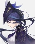  1girl absurdres ascot blue_hair capelet clorinde_(genshin_impact) from_side genshin_impact hat hat_feather highres long_hair looking_at_viewer profile purple_ascot purple_capelet purple_eyes puya_(pixiv_61322484) shirt solo tricorne upper_body very_long_hair white_shirt 