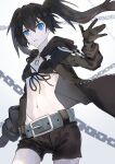  belt bikini bikini_top_only black_bikini black_coat black_gloves black_hair black_rock_shooter black_rock_shooter_(character) black_shorts blue_eyes chain coat commentary gloves hashtag-only_commentary highres hood hooded_coat kuthi0510 long_hair midriff navel no_shirt open_clothes open_coat pale_skin scar shorts star_(symbol) swimsuit twintails 