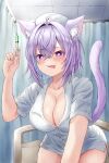 1girl absurdres ahoge animal_ear_fluff animal_ears breasts cat_ears cat_girl cat_tail cleavage dress fang hat heart heart-shaped_pupils highres holding holding_syringe hololive kei_cha_(cnidaria_26) large_breasts looking_at_viewer medium_hair nekomata_okayu nurse nurse_cap purple_eyes purple_hair skin_fang smile solo symbol-shaped_pupils syringe tail tongue tongue_out virtual_youtuber white_dress white_hat 