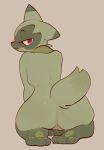  anthro biped female floragato fur generation_9_pokemon genitals green_body green_fur hi_res kneeling lazybracket looking_at_viewer looking_back looking_back_at_viewer nintendo pawpads pokemon pokemon_(species) pussy rear_view red_eyes smile solo tail 