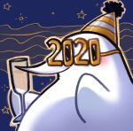  2019 abstract_background alcohol ambiguous_gender anthro avian berd_(character) beverage bird blue_background blush cclowndogg champagne clothing dot_eyes eyewear glasses hat headgear headwear holding_beverage holding_glass holding_object holidays icon long_beak male_(lore) new_year party_hat semi-anthro shaded simple_background smile solo star toony white_body 