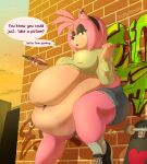  2024 alternative_fashion amy_rose anthro belly big_belly bottomwear breasts brick_wall candy clothing dessert dialogue ear_piercing ear_ring electronics english_text eulipotyphlan eyelashes female food footwear fur goth graffiti hair heart_symbol hedgehog hi_res holding_candy holding_food holding_lollipop holding_object holding_phone hoodie leaning leaning_backward leaning_on_wall lollipop makeup mammal mascara morbidly_obese morbidly_obese_anthro morbidly_obese_female navel obese obese_anthro obese_female overweight overweight_anthro overweight_female phone piercing pink_body pink_fur pink_hair ring_piercing sega shoes shorts signature skateboard socks solo sonic_the_hedgehog_(series) sound_effects speech_bubble stretch_marks text topwear vehicle wall_(structure) zetamath 