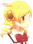  blonde_hair blush bow drill_hair hair_ornament hairpin highres kabuyou long_hair mahou_shoujo_madoka_magica official_style orange_eyes red_bow school_uniform solo tomoe_mami translation_request twin_drills 
