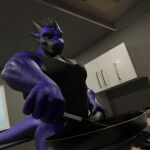  1:1 3d_(artwork) anthro black_penis blue_body bottomless clothed clothing cooking dergdrister digital_media_(artwork) dragon drister_(dergdrister) genitals half_naked holding_object holding_penis kitchen male muscular mythological_creature mythological_scalie mythology penis scalie solo 