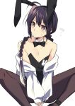  1other ? ahoge androgynous animal_ears black_footwear black_hair black_leotard bow bowtie braid detached_collar ebi_fly_55 fake_animal_ears fate/samurai_remnant fate_(series) hair_intakes highres jacket leotard long_sleeves mary_janes off_shoulder pantyhose playboy_bunny rabbit_ears shoes sidelocks simple_background single_braid solo strapless strapless_leotard white_background white_jacket yamato_takeru_(fate) yellow_eyes 