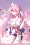  1girl bare_legs barefoot bingliovo black_shorts breasts cleavage elf elysia_(herrscher_of_human:ego)_(honkai_impact) elysia_(honkai_impact) gloves hair_between_eyes hair_ornament heart honkai_(series) honkai_impact_3rd long_hair looking_at_viewer night night_sky open_mouth pink_eyes pink_hair pink_pupils pointy_ears shirt short_shorts shorts signature sky smile solo thighs triquetra very_long_hair water white_gloves white_shirt white_veil 