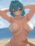  1girl absurdres arms_behind_head beach bikini blue_hair blurry blurry_background blush breasts cleavage closed_mouth collarbone hair_intakes hetero highres horizon large_breasts looking_at_viewer moriforest1040 navel ocean outdoors short_hair sky solo solo_focus swimsuit tatara_kogasa touhou upper_body white_bikini 