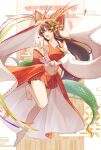 1girl absurdres ascot barefoot bell bow brown_hair chest_sarashi commentary_request detached_sleeves dragon_girl dragon_horns dragon_tail frilled_bow frilled_hair_tubes frills green_tail hair_bow hair_tubes hakurei_reimu highres horns jingle_bell kagura_suzu long_hair looking_at_viewer midriff monsterification nano_popo02 navel ofuda open_mouth red_bow red_skirt ribbon-trimmed_sleeves ribbon_trim sarashi skirt skirt_set smile solo tail thighs torii touhou very_long_hair wide_sleeves yellow_ascot 