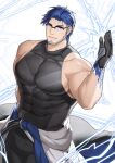  1boy bara beard black_gloves black_tank_top blue_hair blue_scales facial_hair glasses gloves highres large_pectorals lightning looking_at_viewer mature_male pectorals tank_top tight_top white_background wuthering_waves yuanwu_(wuthering_waves) zhuganchangjiadan 