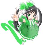  ariyasu_momoka bad_id bad_pixiv_id black_hair canamono from_above green_eyes highres long_hair momoiro_clover_z ok_sign smile solo standing twintails v white_background 