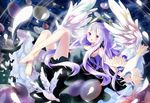  angel angel_wings bad_id bad_pixiv_id bare_shoulders barefoot bird black_dress bubble dove dress feathers grid halo highres legs long_hair mao_ge purple_eyes purple_hair solo wings 