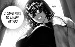  1girl absurdres breasts coat dress english_text fubuki_(one-punch_man) fur_coat greyscale highres i_came_here_to_laugh_at_you_(meme) large_breasts meme monochrome mostlybluewyatt one-punch_man short_hair solo sunglasses teeth 