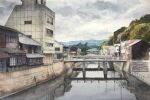  bridge building cloud cloudy_sky day highres mouen_tw no_humans original painting_(medium) reflection reflective_water river riverbank scenery sky town traditional_media tree watercolor_(medium) window 