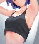  1girl a-chan_(hololive) alternate_costume armpits arms_up black-framed_eyewear black_tank_top blue_hair breasts cohi27151463 commentary facing_viewer glasses head_out_of_frame highres hololive lips parted_lips short_hair sideboob small_breasts solo stomach tank_top upper_body virtual_youtuber 