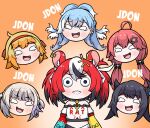  6+girls :d ahoge anger_vein animal_ears annoyed black_hair blank_eyes blonde_hair blue_hair blush bsetdayo chibi collar demon_horns dice_hair_ornament disembodied_head english_commentary fang flower frown gradient_background grey_hair hair_flower hair_ornament hairband hakos_baelz highres hololive hololive_english hololive_indonesia horns kaela_kovalskia key kobo_kanaeru laughing long_hair low_twintails meme mole mole_under_eye mouse_ears mouse_girl multicolored_hair multiple_girls nerissa_ravencroft orange_background pink_hair red_hair sakura_miko short_hair smile spiked_collar spikes streaked_hair todoroki_hajime twintails v-shaped_eyebrows virtual_youtuber white_hair 